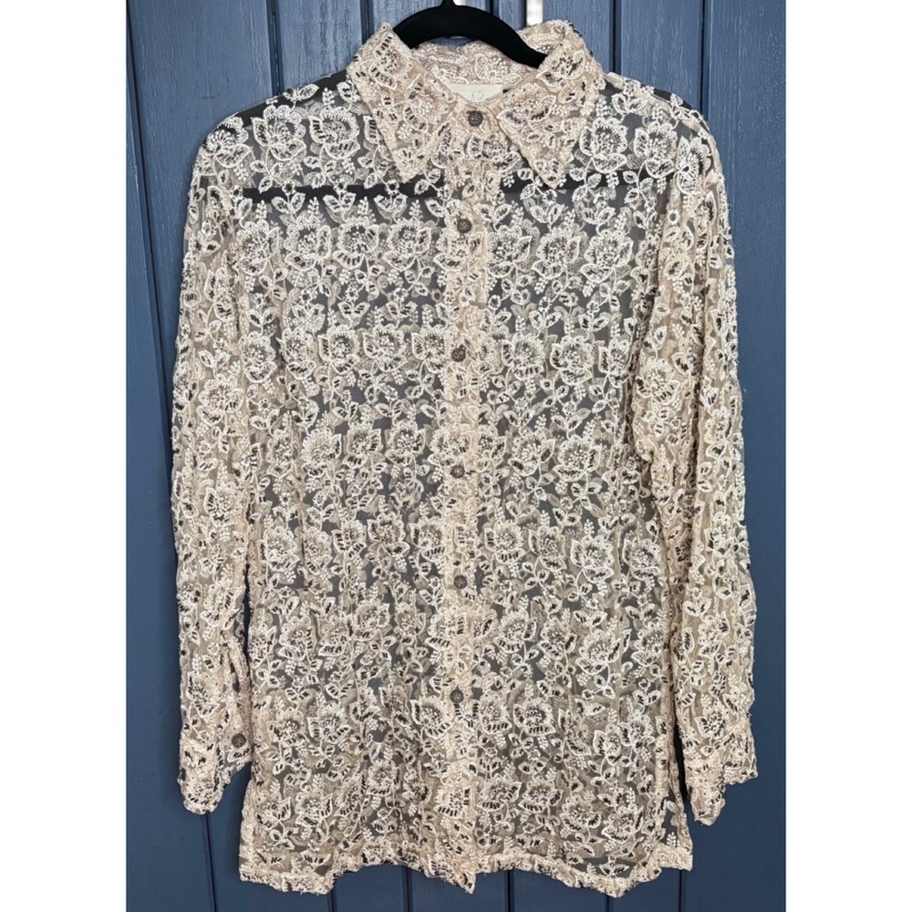 Vintage Cache Cellulose Rayon Cream Beaded Floral Button Up Top Shacket Sz Large